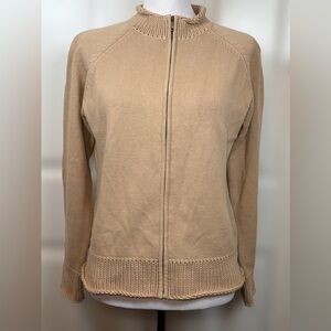 Sigrid Olsen M 100% Cotton Zip Cardigan Tan Ribbed Mock Neck Sweater